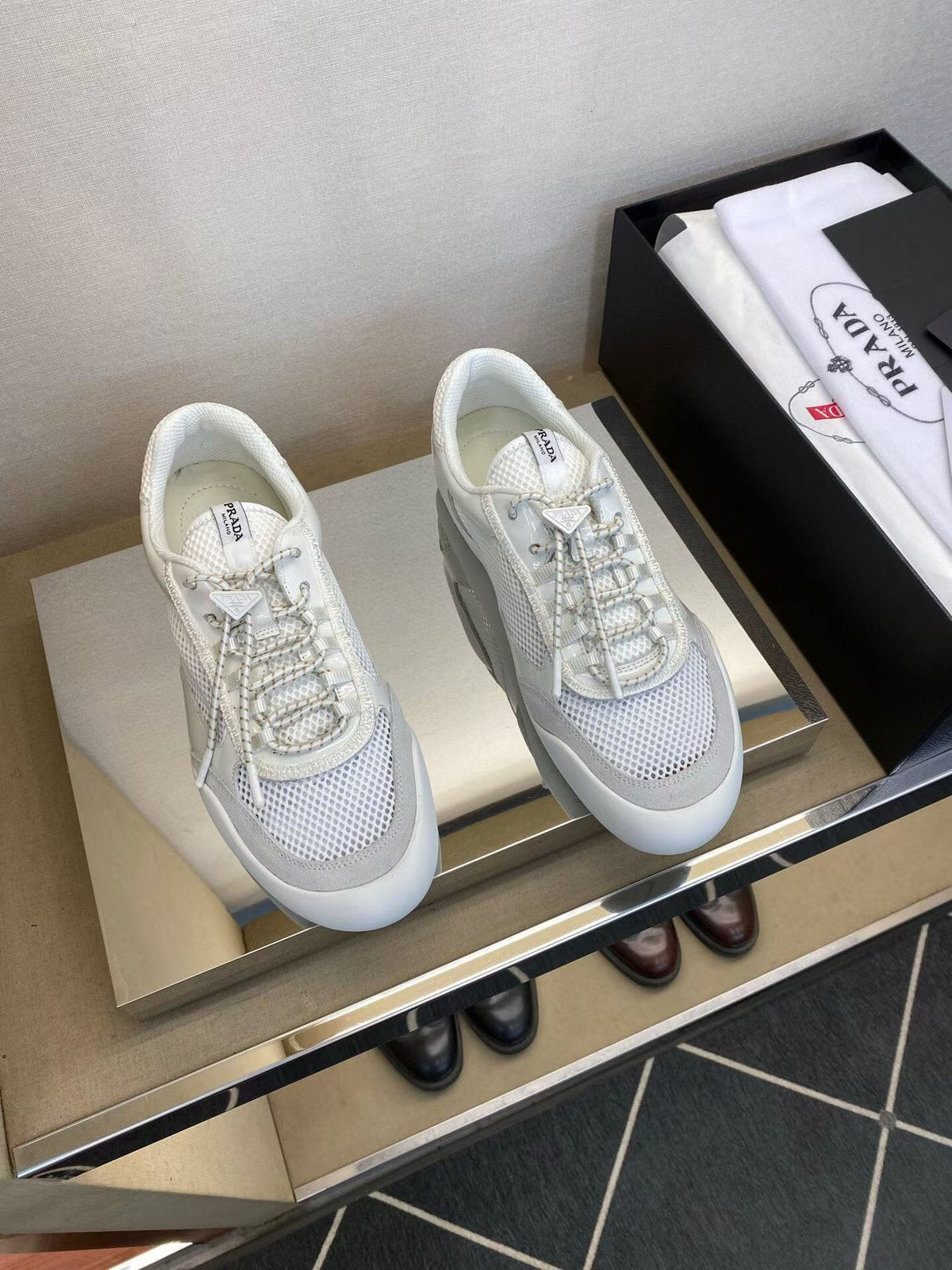 Prada Men's White and Light Gray Mesh Sneakers